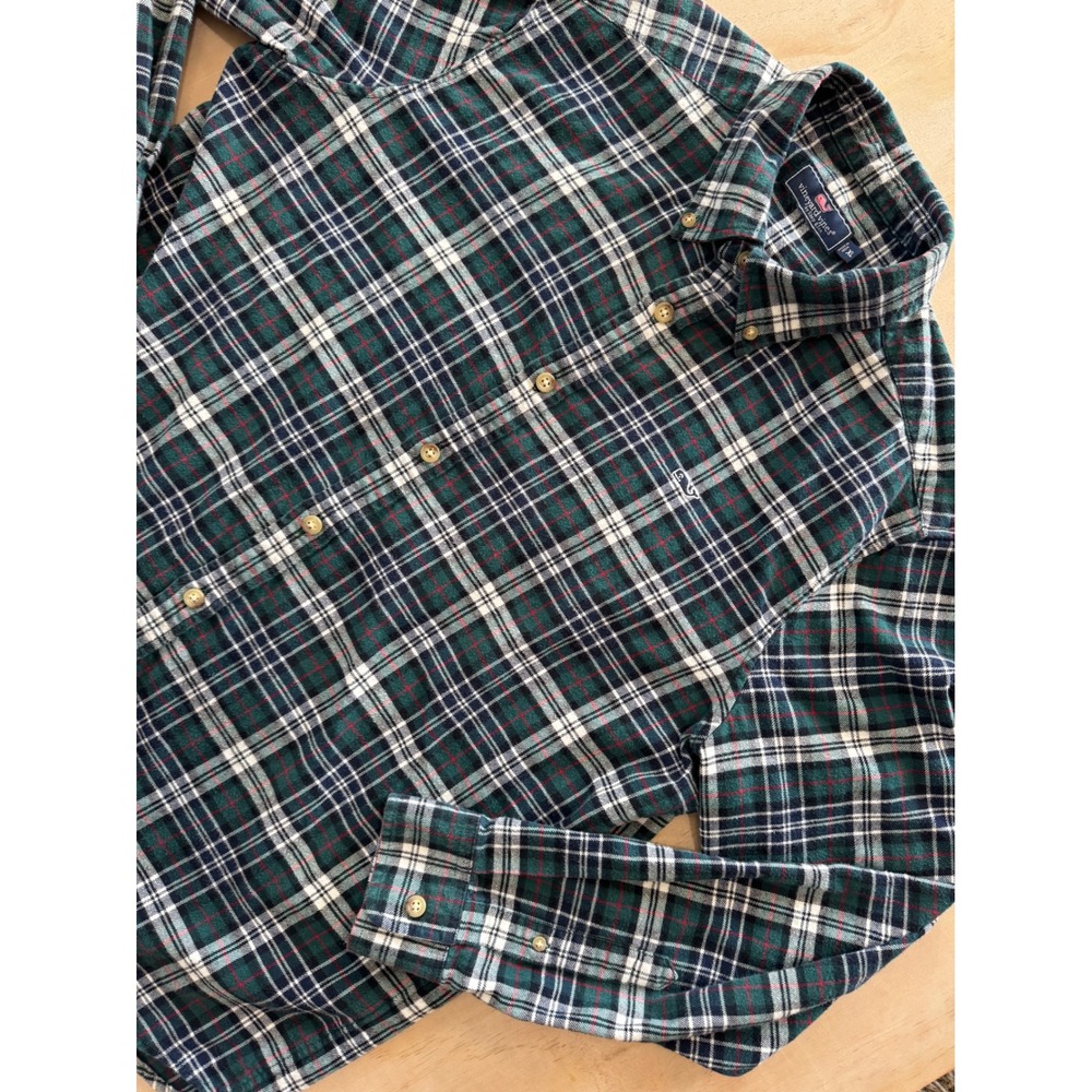 Vineyard Vines XL Flannel Shirt Green Navy Plaid‎ Whale Logo Preppy